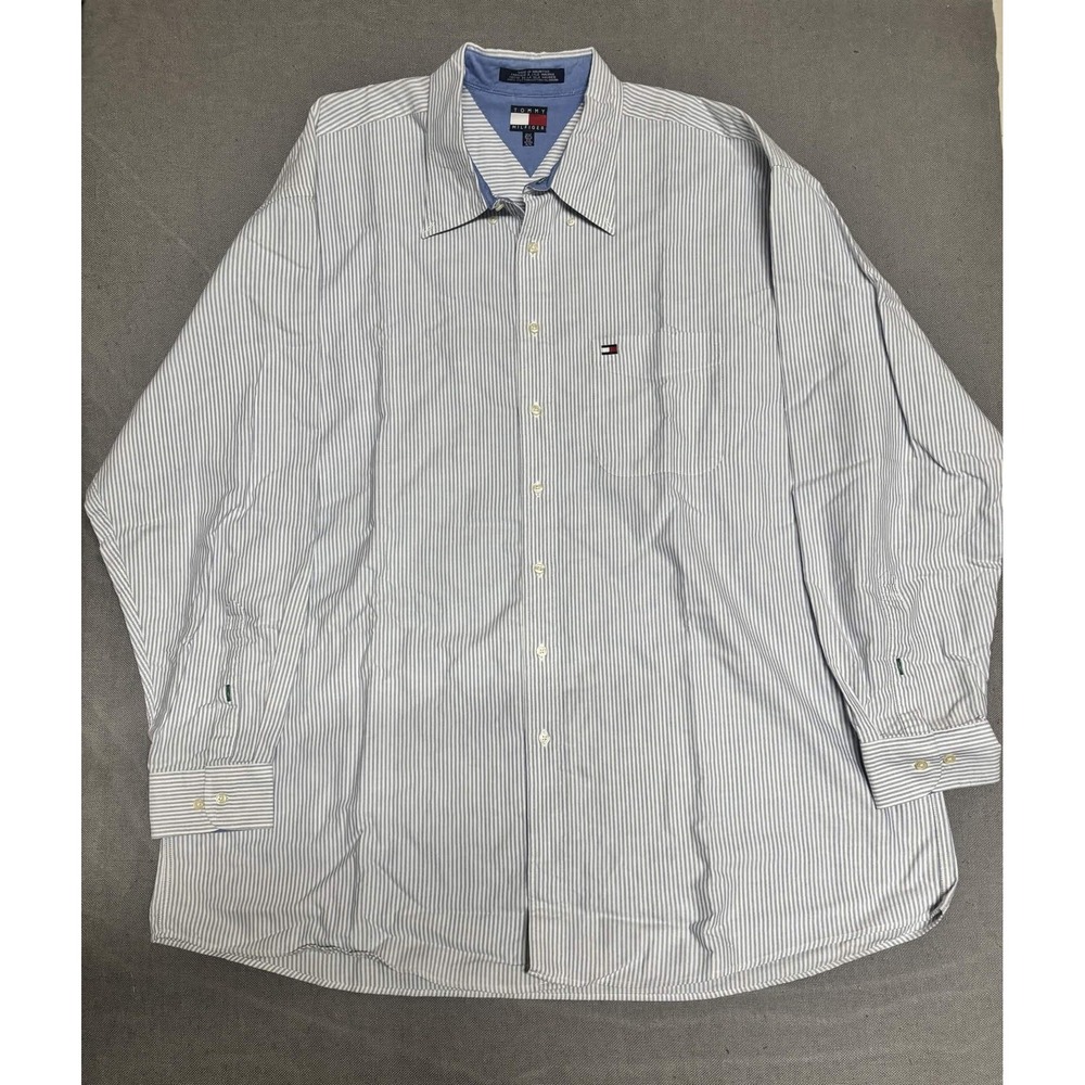 Tommy Hilfiger Mens Button Up Shirt 2XLT Blue White Striped Cotton Long Sleeve
